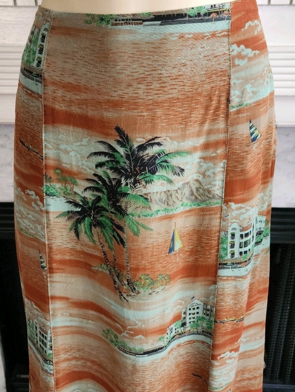 Vintage 90s Y2K Citron Brown Maxi Skirt Green Hawaiian Print Beach Size Small - Picture 7 of 10